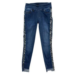 Lisette Leopard Stripe Jegging Jeans Womens Blue Denim Pull On Fringe Hem Size 2